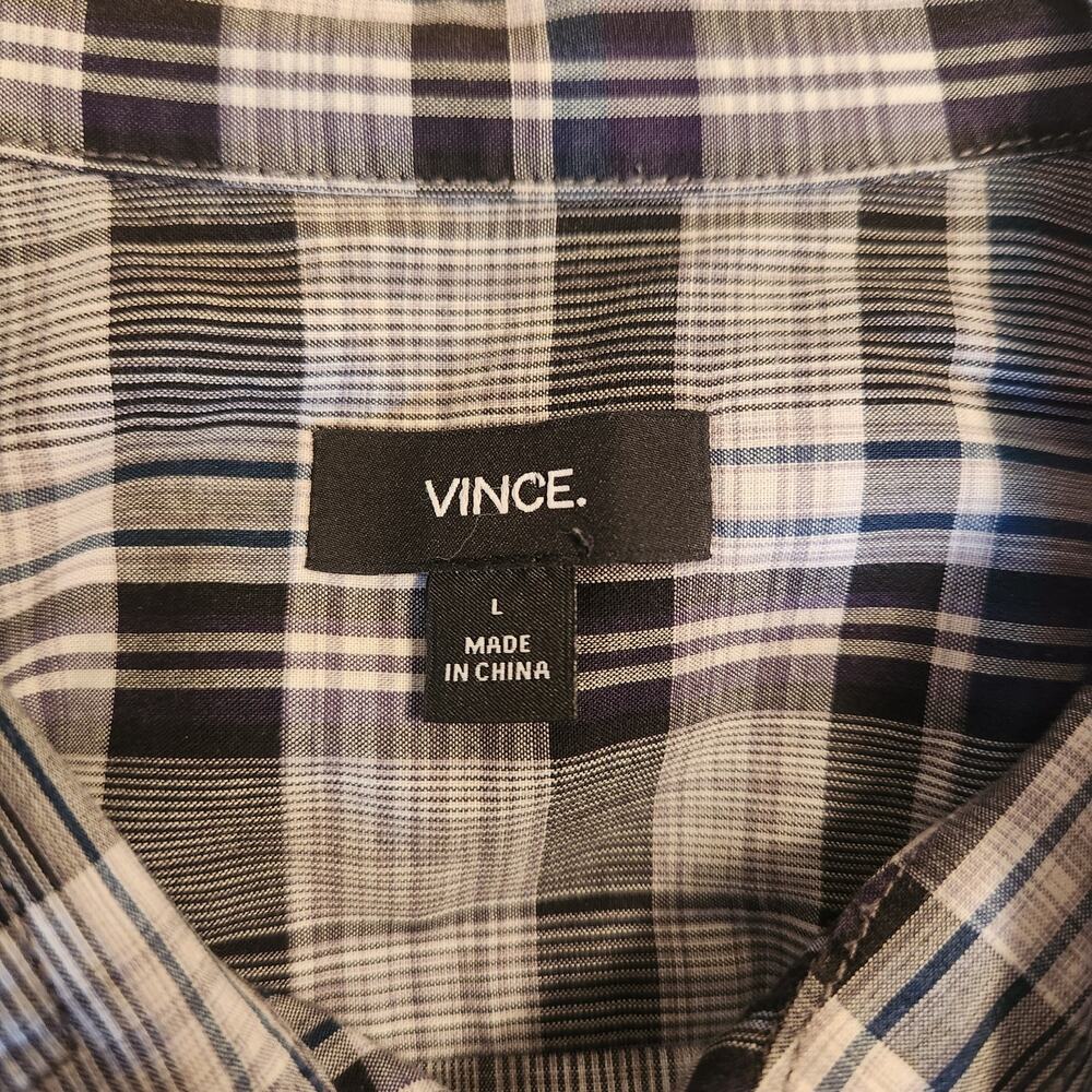 VINCE Men's Button-down Plaid Shirt, blue black purple, long sleeve size Large